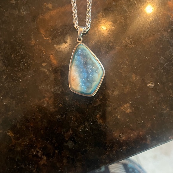 Blue Druze  Pendant on Sterling Silver Necklace - Picture 3 of 6